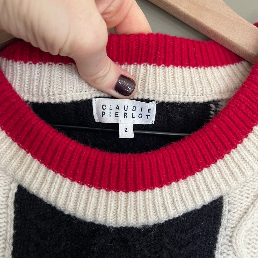 CLAUDIE PIERLOT Mixity Pullover Sweater Size Medium Red Black Cream Puff Sleeves - Picture 15 of 16